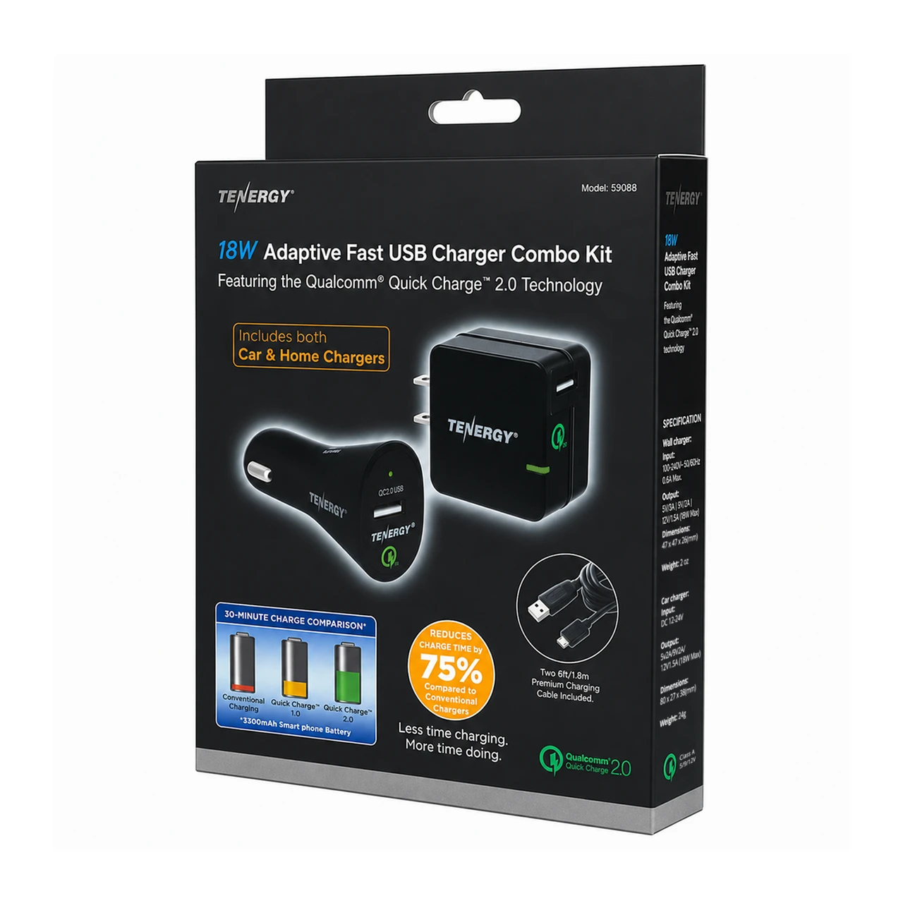 Tenergy 18W Fast USB Charger Combo Kit - Dual Wall & Car Fast Chargers with 2x 6ft Micro USB Charging Cables (Qualcomm QC 2.0)