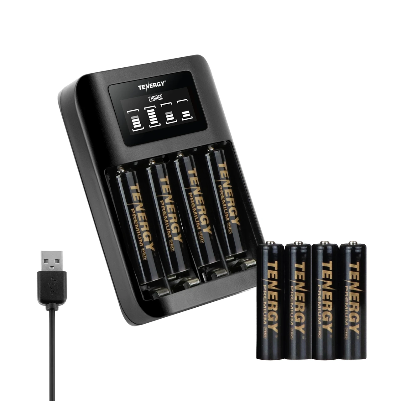 USB battery charger kit with eight AAA Premium Pro batteries for photographers using high-drain equipment.