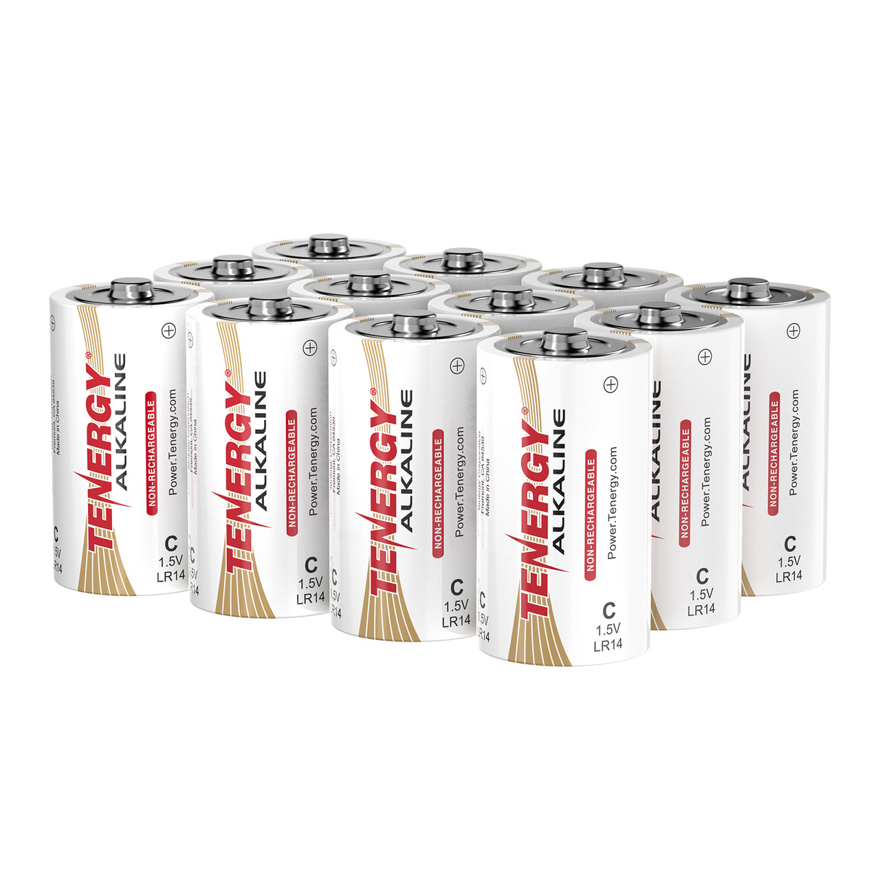 Twelve Tenergy C alkaline batteries in a bulk pack provide reliable power for high-drain electronic devices.