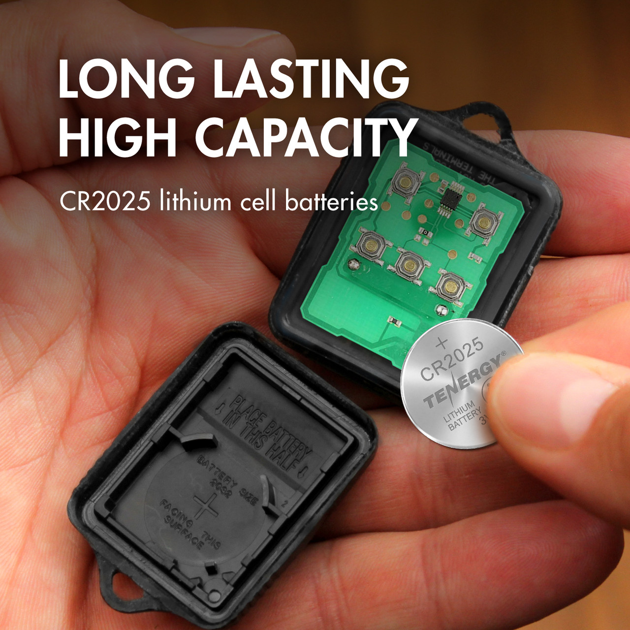 High capacity CR1225 coin cells used in a car key fob for convenient remote keyless entry replacement.