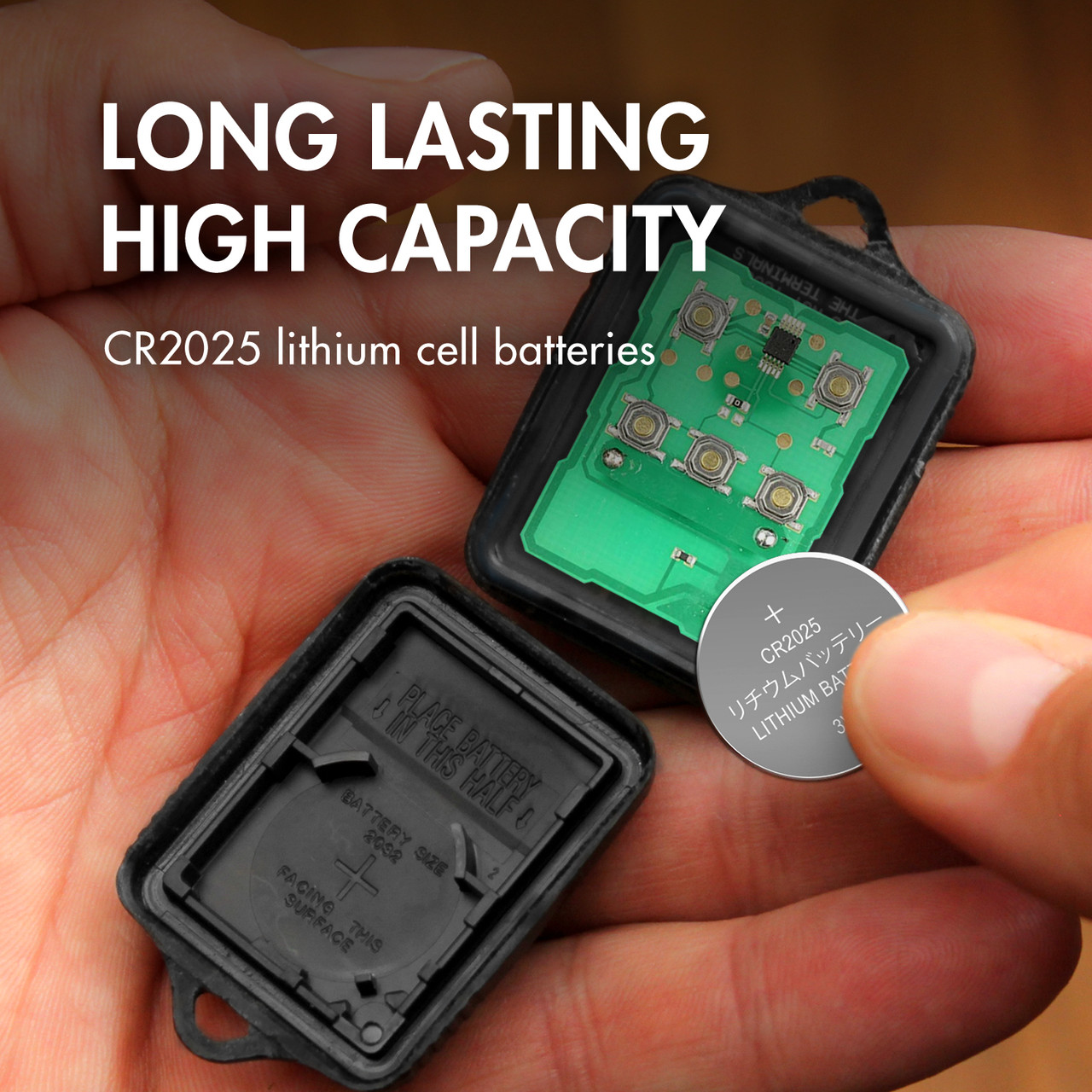 High capacity CR1225 coin cells used in a car key fob for convenient remote keyless entry replacement.