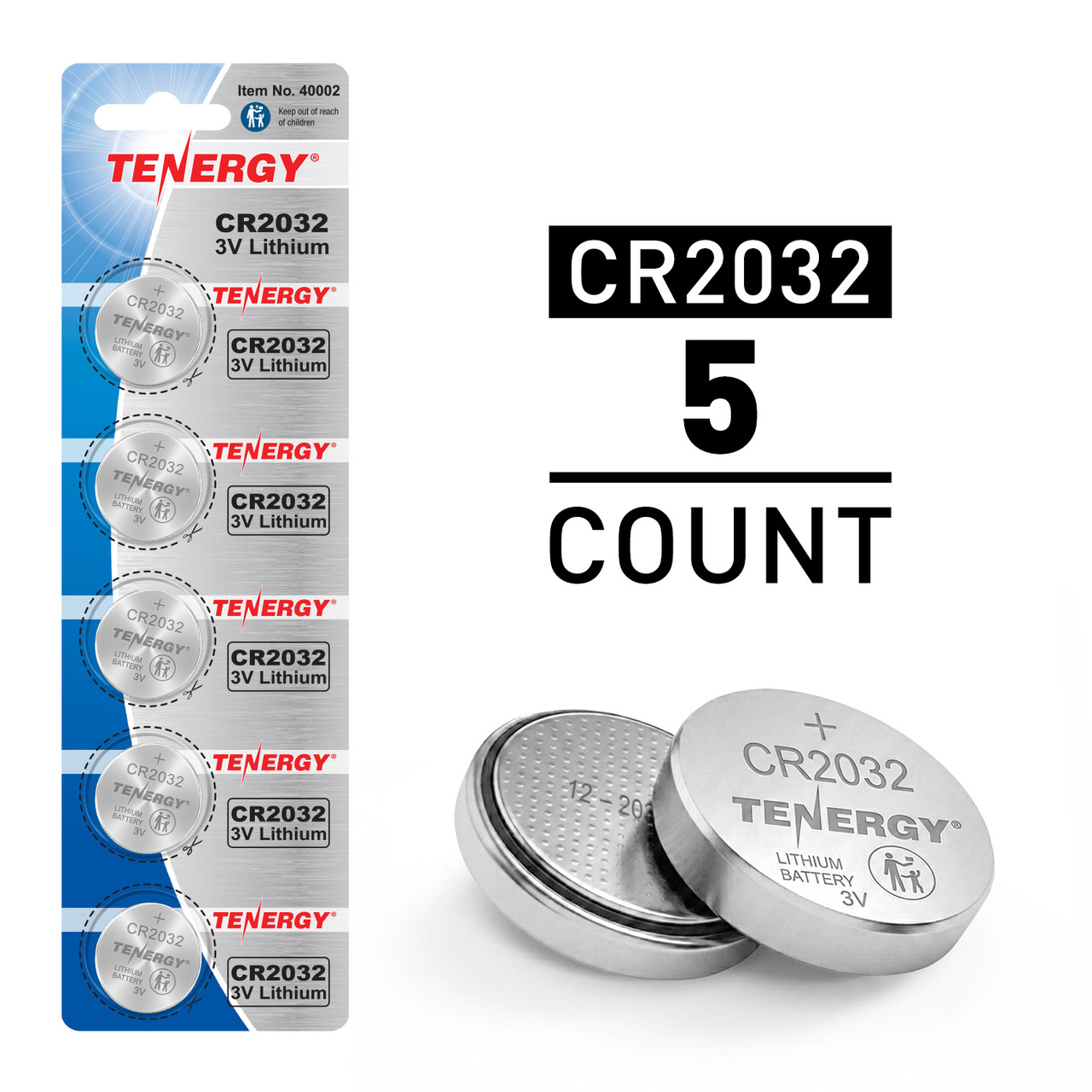 Tenergy CR2032 batteries in a 5-count blister pack for long-lasting power in small household electronics.