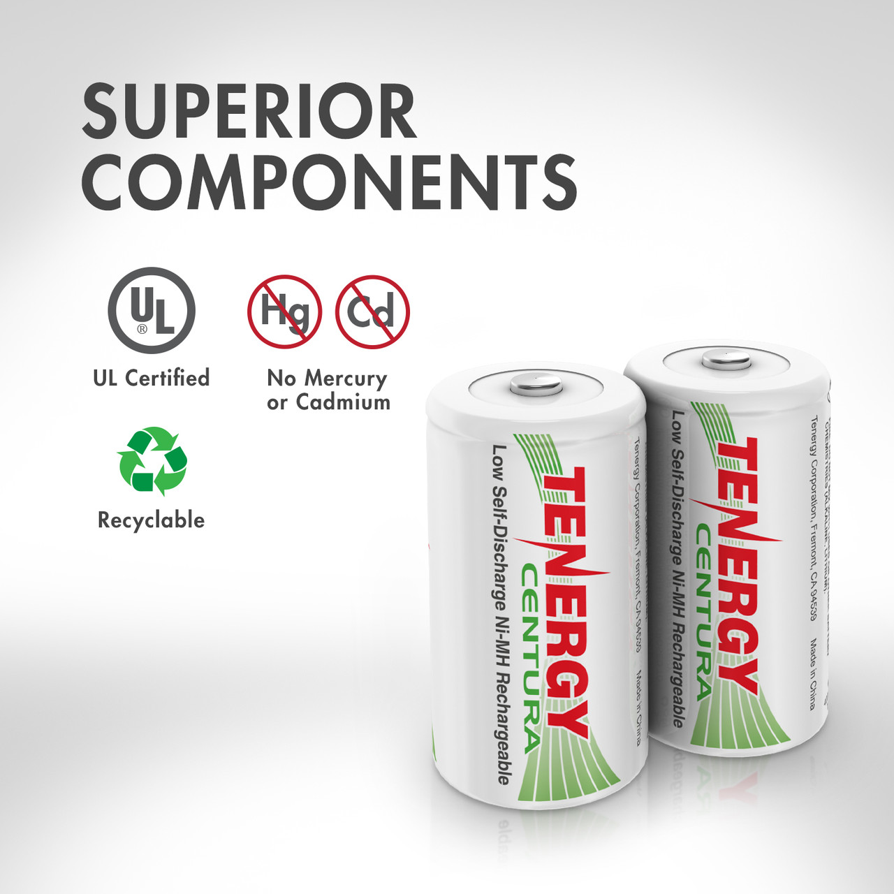UL certified NiMH rechargeable batteries feature a mercury-free design for environmentally friendly power needs.