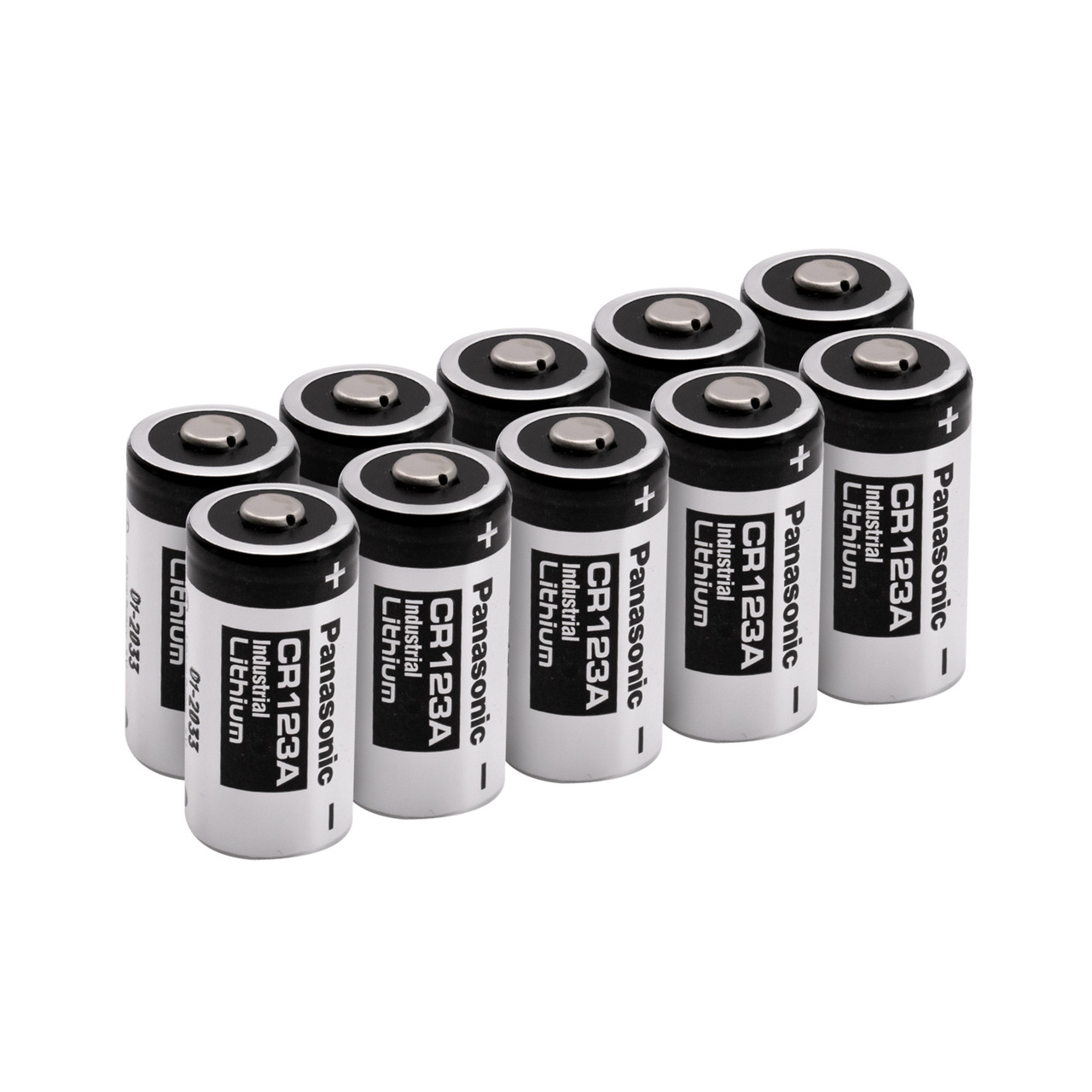 A bulk pack of ten CR123A industrial batteries provides a long-lasting power supply for large security systems.