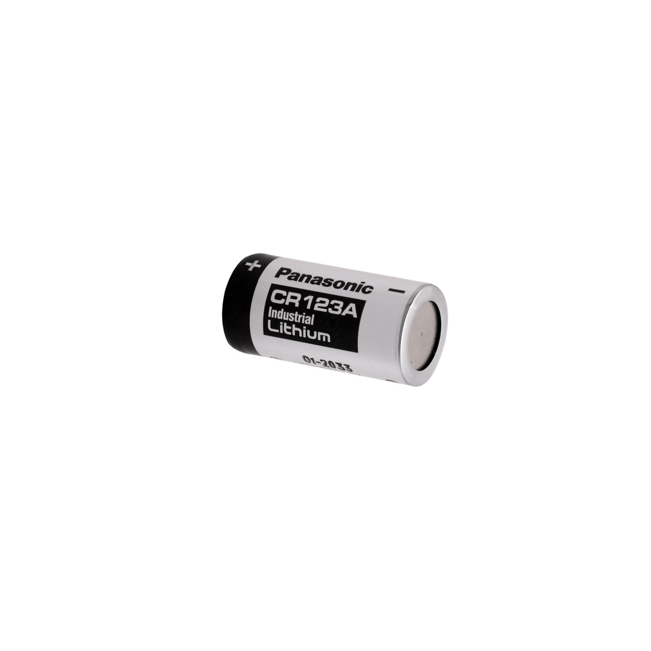 Panasonic CR123A lithium cell displaying the flat negative terminal for consistent power in tactical flashlights.