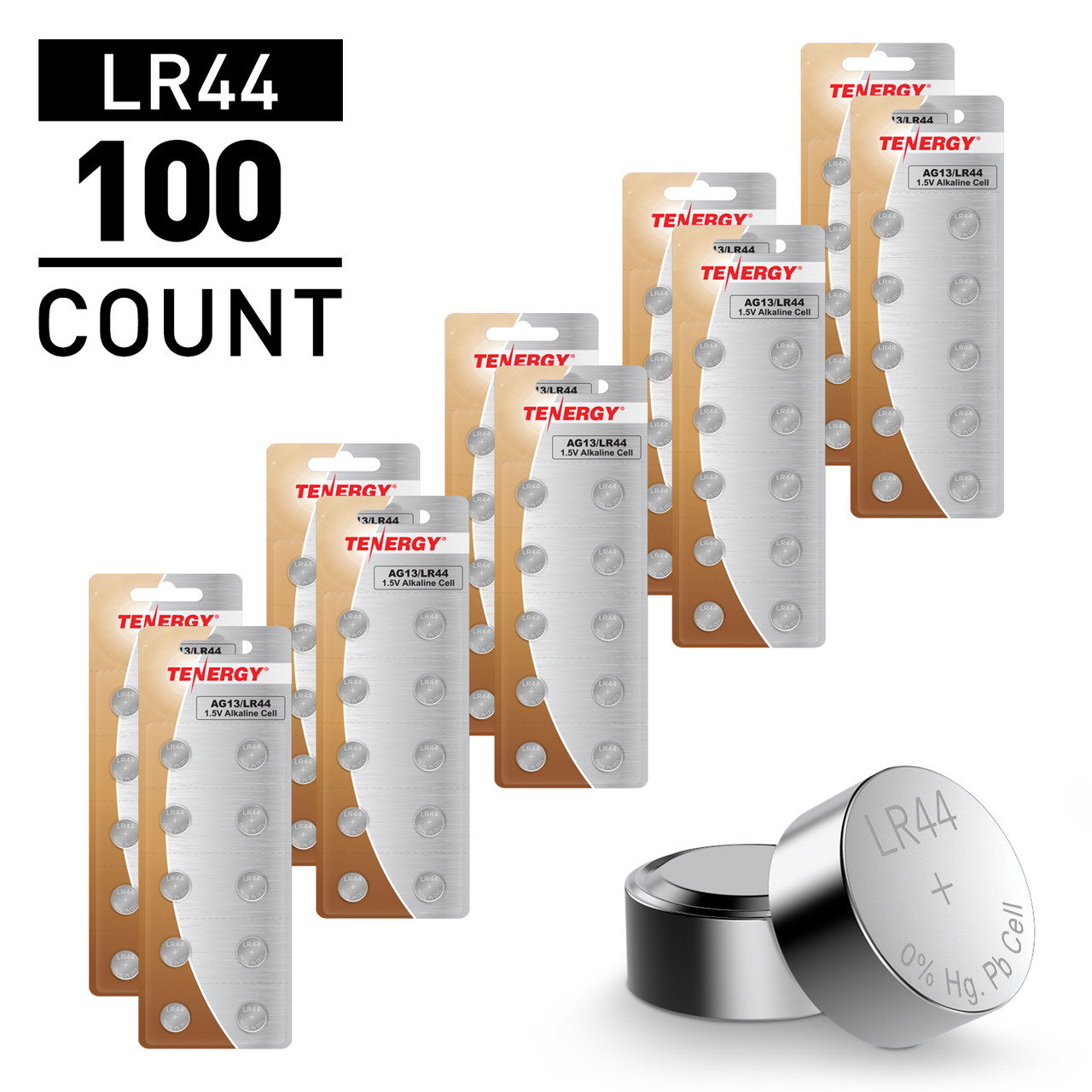 A 100-count pack of LR44 alkaline batteries featuring long-lasting power for small electronics and household toys.