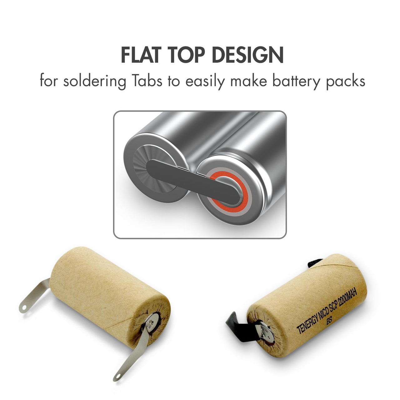 Flat top rechargeable cell featuring a solderable surface for building custom DIY battery packs easily.