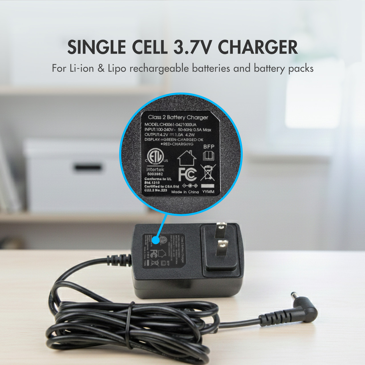 110V-240V AC to 3.7V DC Li-ion Battery Charger w/ DC Connector