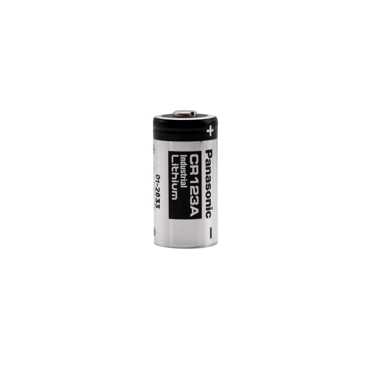 Vertical Panasonic CR123A battery highlighting the compact cylindrical form factor for high-drain electronic devices.