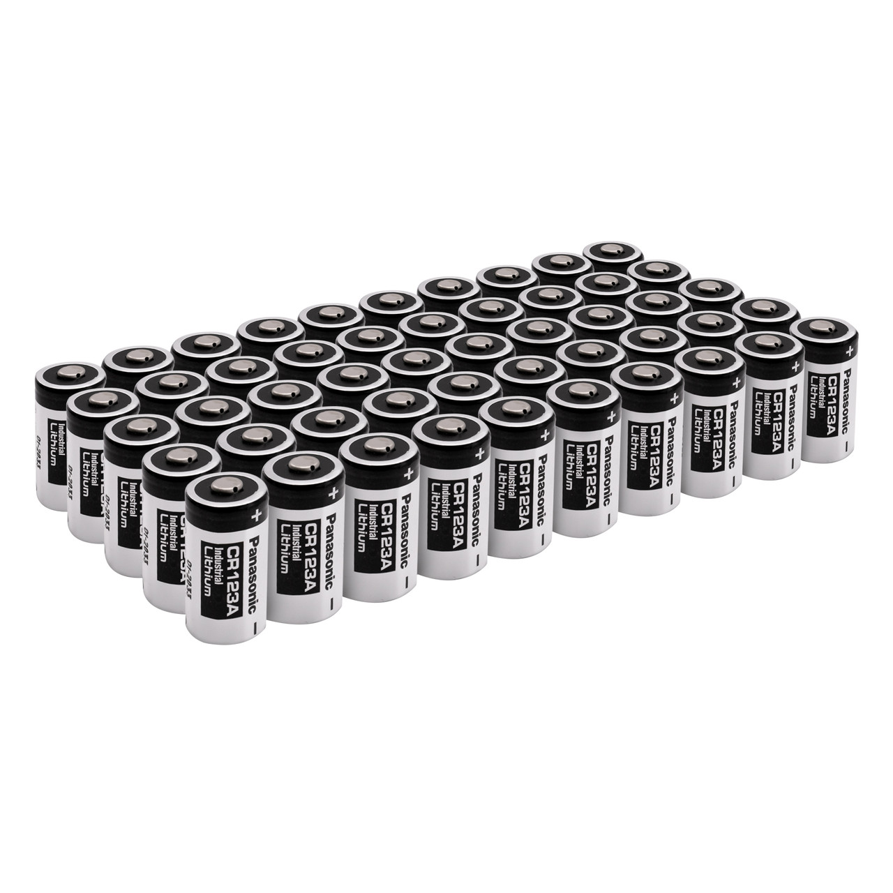 50 pack of Panasonic CR123A lithium batteries arranged in rows for high-drain electronic devices and professional stock.
