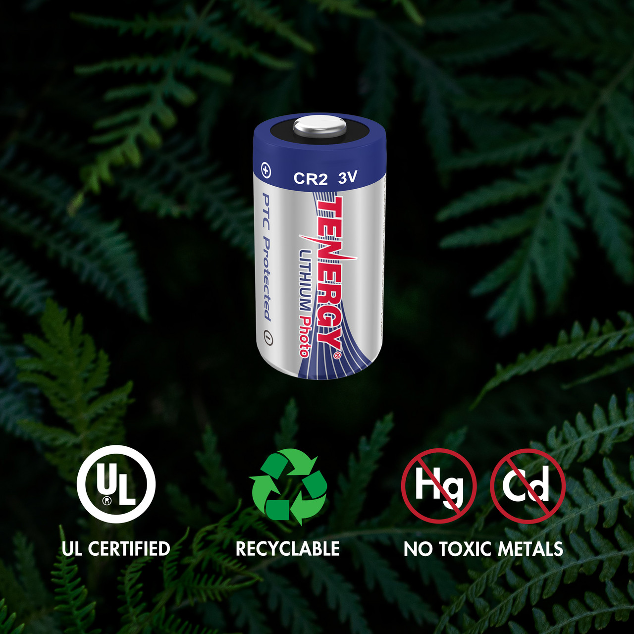 UL certified Tenergy CR2 lithium battery with no toxic metals for environmentally conscious high-performance power.