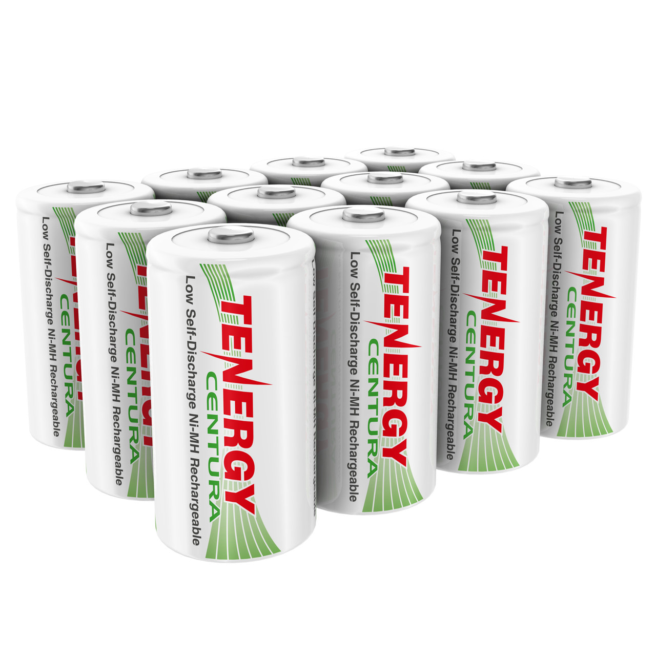 Twelve Tenergy Centura D batteries feature low self-discharge Ni-MH technology for long-term power in high-drain household electronics.