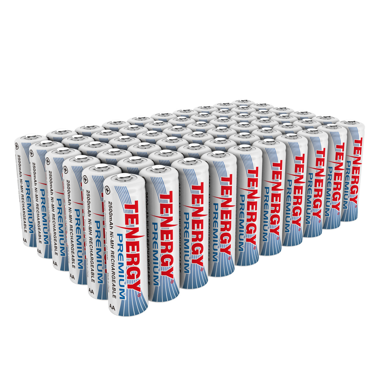 60 count of Tenergy Premium rechargeable AA battery with 2500mAh capacity, designed as a reliable high-capacity NiMH power source for household electronics.