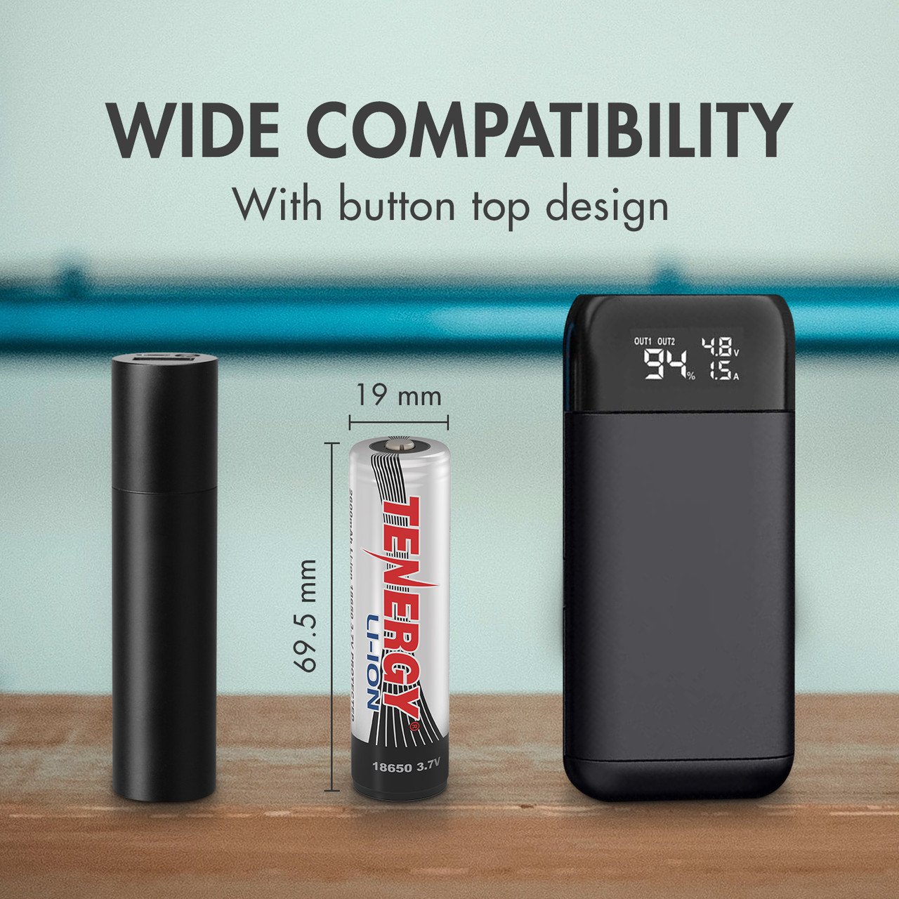 Button top 18650 battery measuring 69.5mm by 19mm, designed for compatibility with power banks and portable electronics.