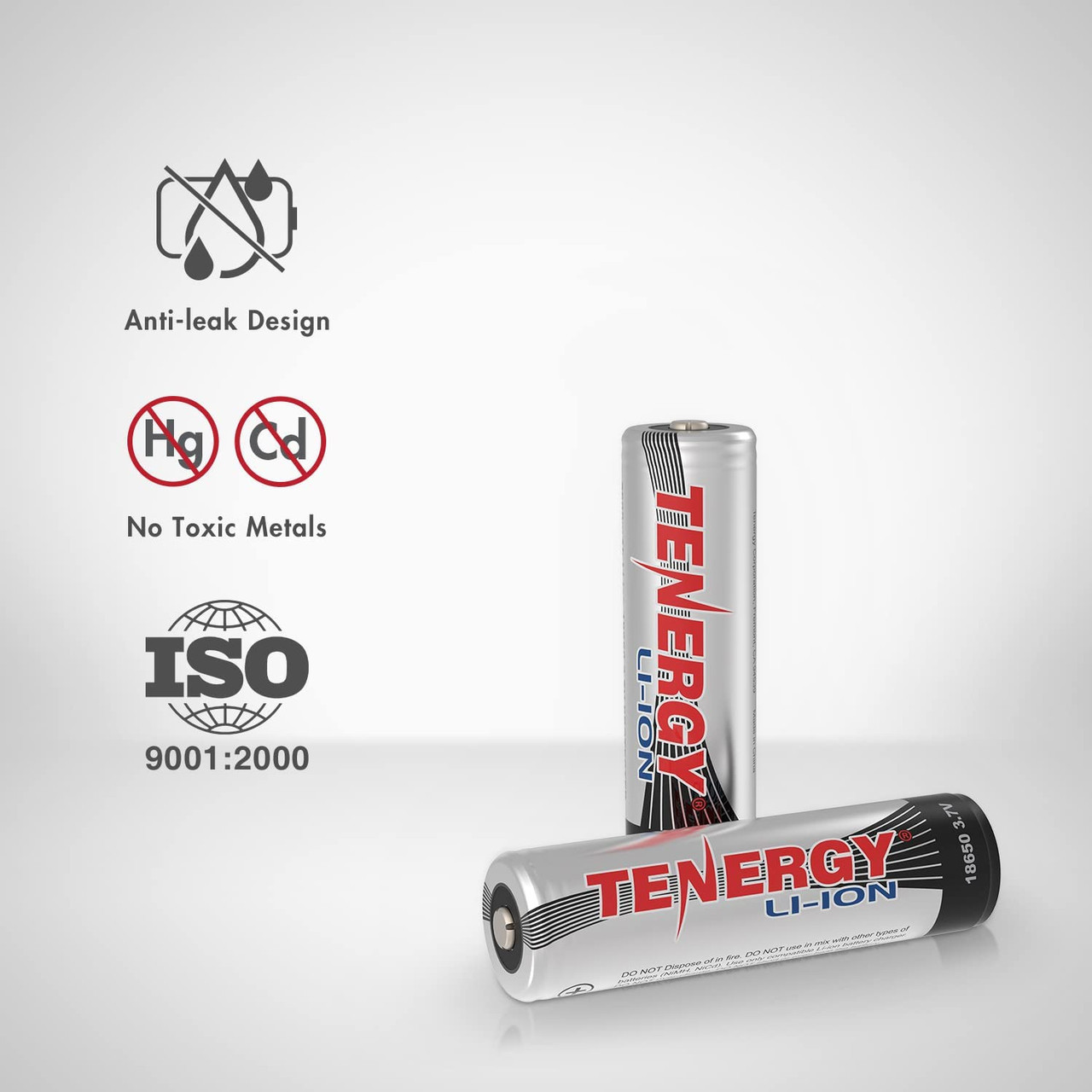 ISO certified 18650 rechargeable battery with anti-leak design containing no toxic mercury or cadmium metals.