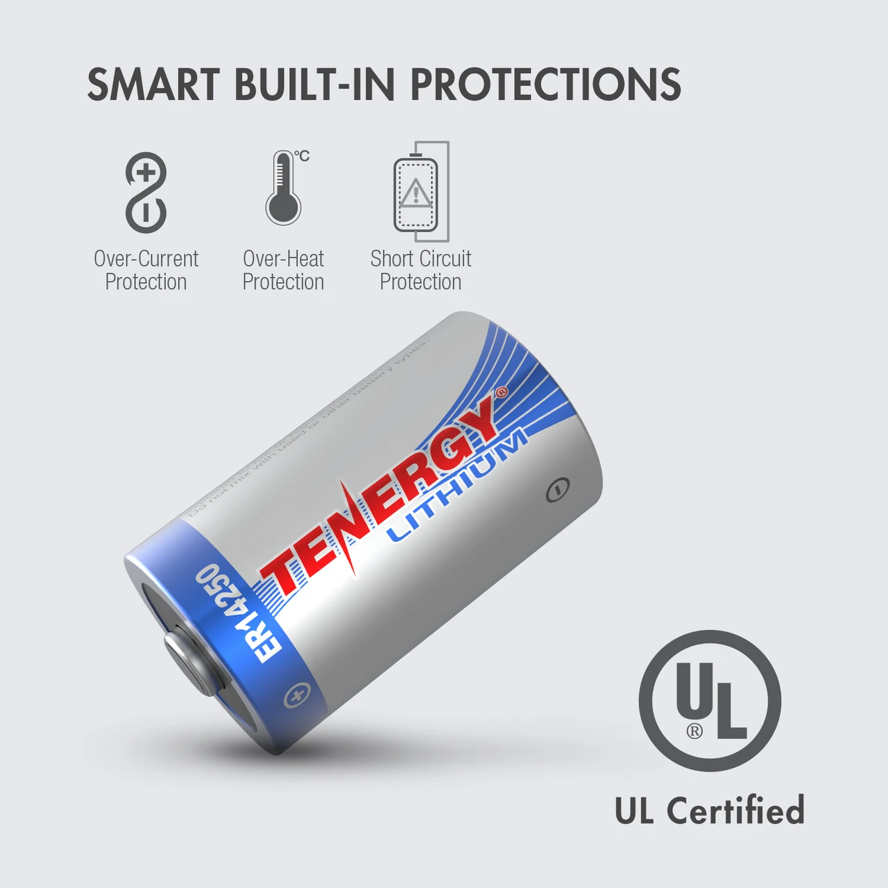 UL certified ER14250 lithium battery includes built-in short circuit protection for utility meters and sensors.
