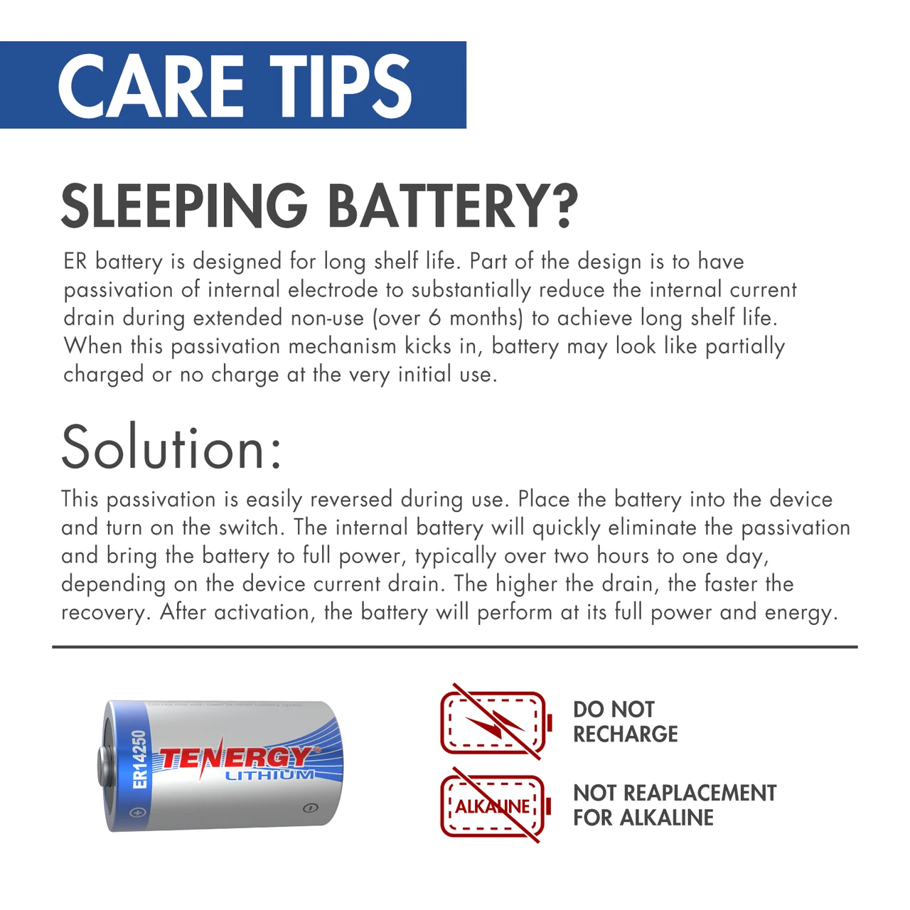 Tenergy ER14250 lithium battery features a passivation solution for long shelf life in home security sensors.