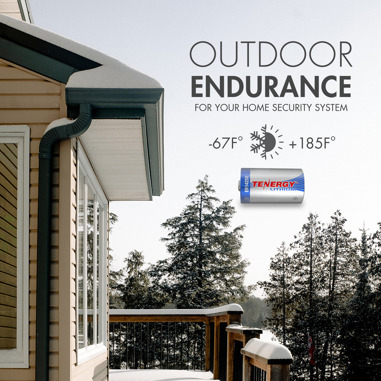 High performance lithium battery withstands extreme temperatures to power outdoor home security systems.