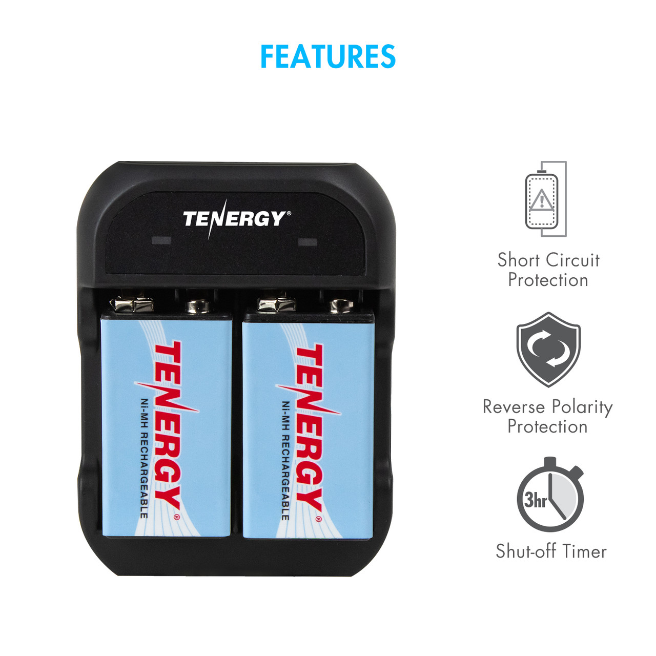 Tenergy 2-slot 9V charger with short circuit protection for dependable battery maintenance.