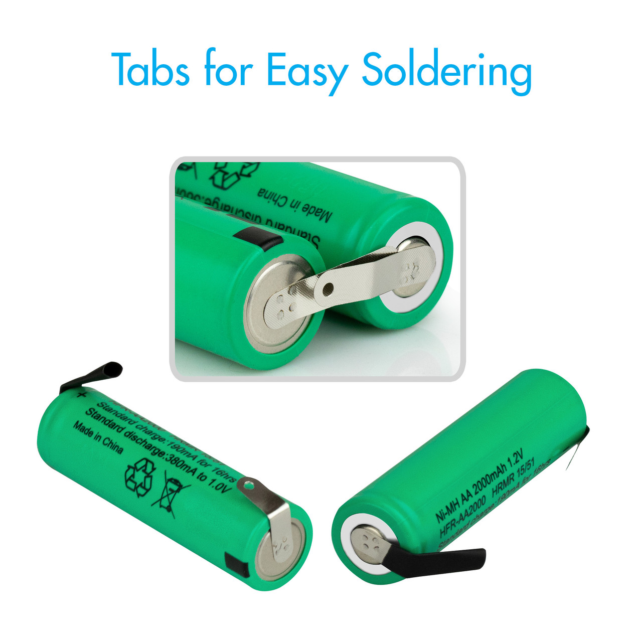 Close-up of integrated nickel tabs on AA cells that provide easy soldering points for hobbyists and DIY electronics.