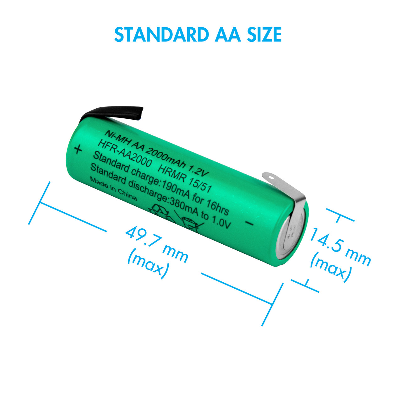 Technical diagram showing standard AA size measurements of 49.7mm by 14.5mm to ensure a precise fit in battery compartments.