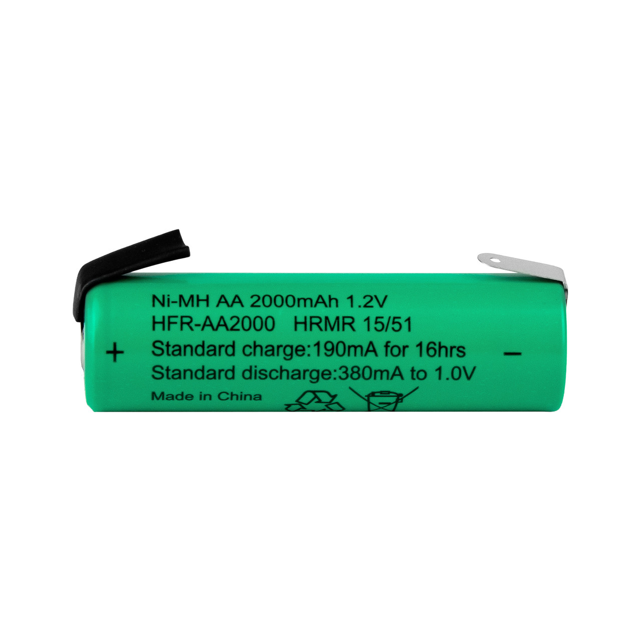 Individual 1.2V NiMH battery displaying technical specifications and polarity marks for tech-savvy consumers and technicians.