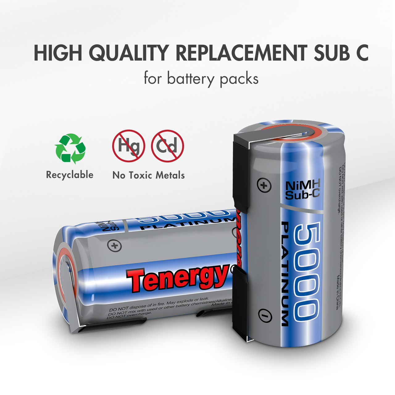 Combo: 10pcs of Tenergy NiMH SubC 5000mAh Flat Top Rechargeable Battery (with Tabs)