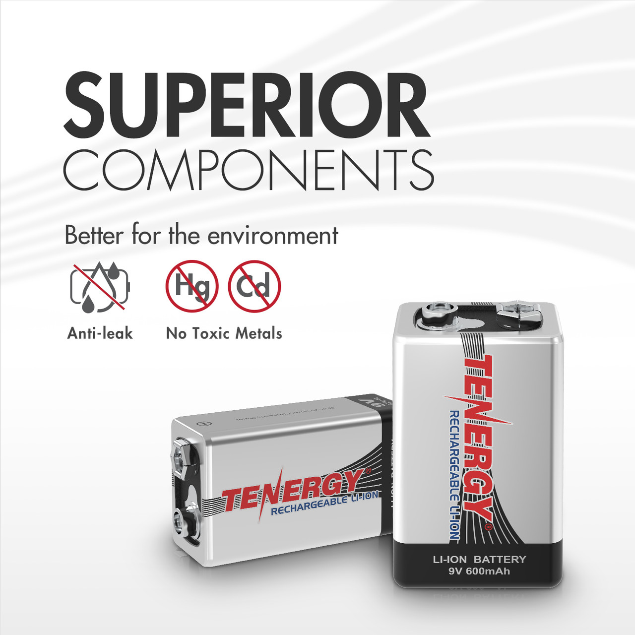 Eco-friendly 9V rechargeable battery with anti-leak construction and no toxic mercury or cadmium for sustainable energy.