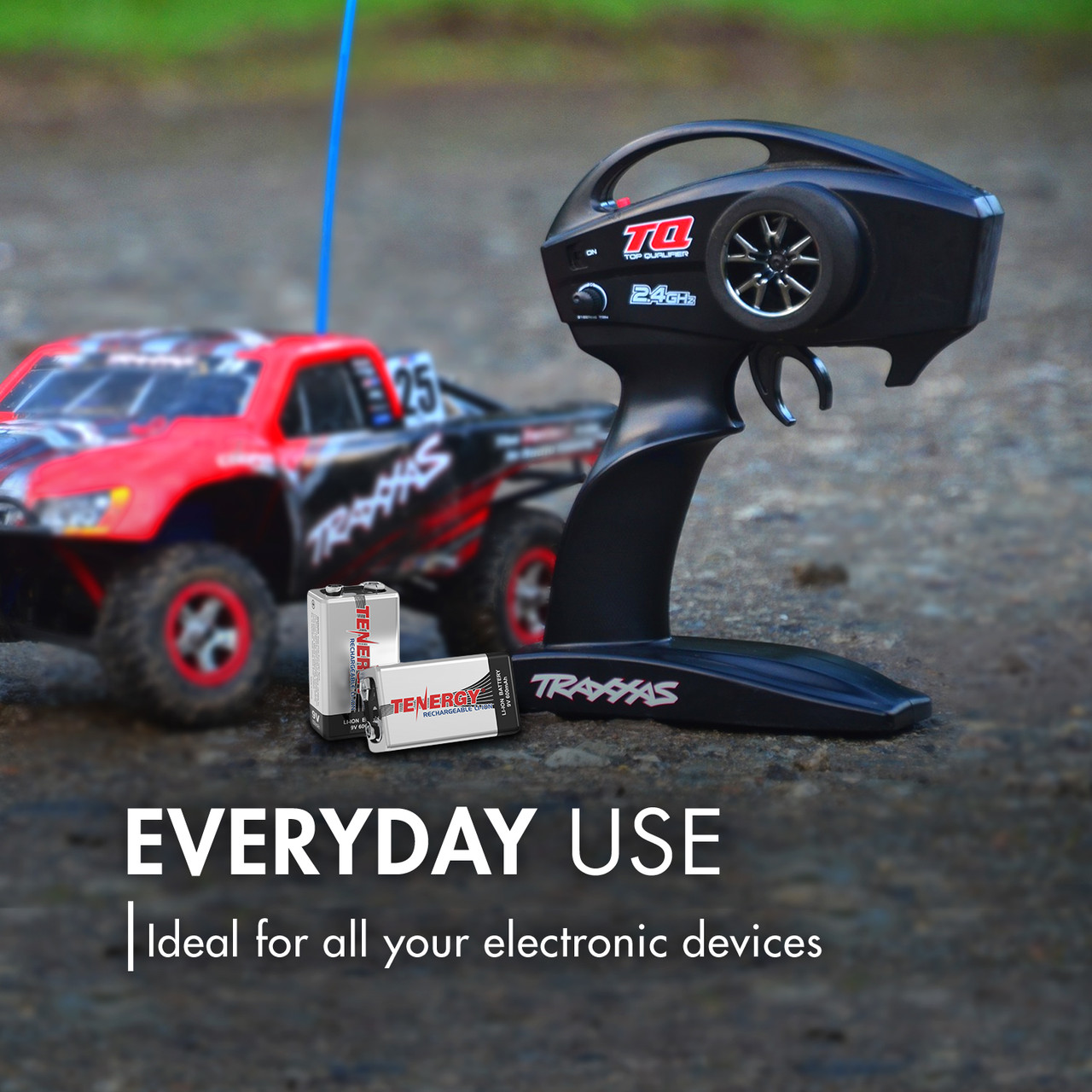 Rechargeable 9V batteries sit beside a remote control car transmitter, showing reliable power for RC hobbyist equipment.