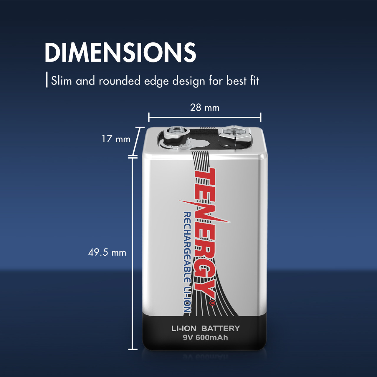 Technical diagram showing the 49.5mm height of this 9V battery, ensuring a perfect fit in standard battery compartments.