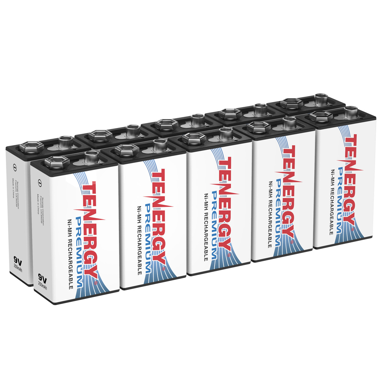 10 count of Tenergy Premium 9V rechargeable battery with 250mAh capacity provides reliable power for high-drain electronic devices.