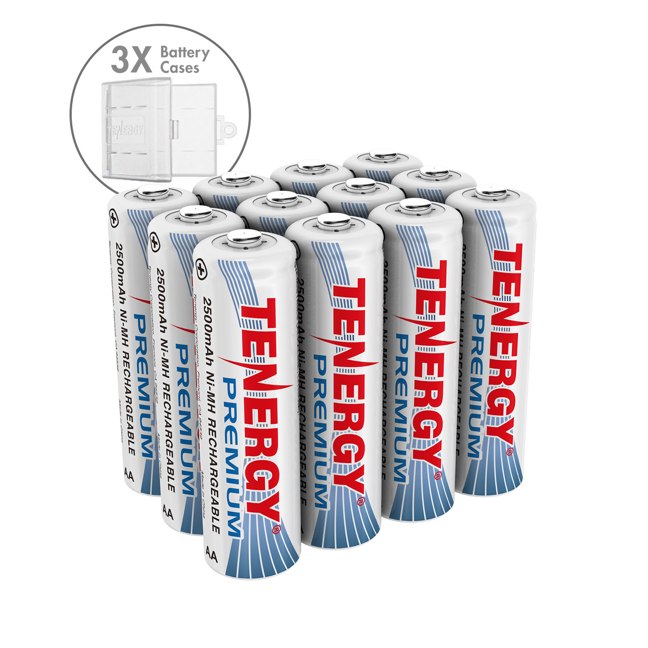 12 count of Tenergy Premium rechargeable AA battery with 2500mAh capacity, designed as a reliable high-capacity NiMH power source for household electronics.