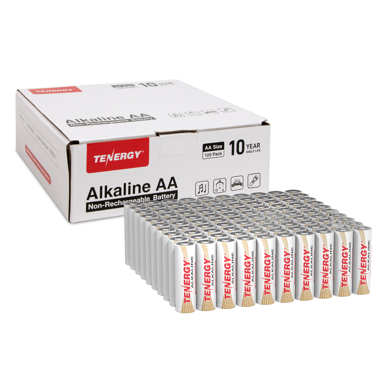 Bulk pack of 120 Tenergy alkaline AA batteries designed for long-lasting power in high-drain household items.