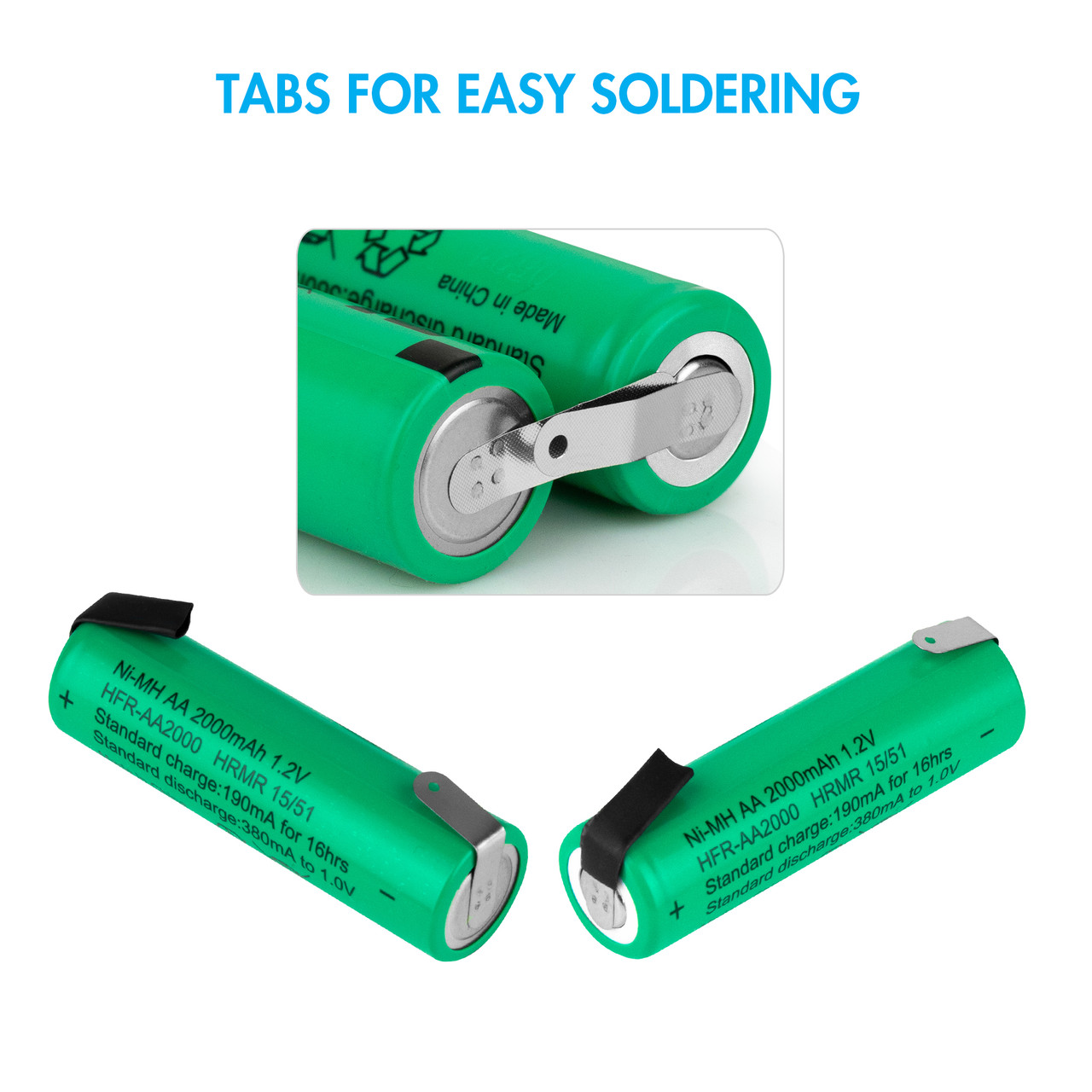 Close-up of integrated nickel tabs on AA cells that provide easy soldering points for hobbyists and DIY electronics.