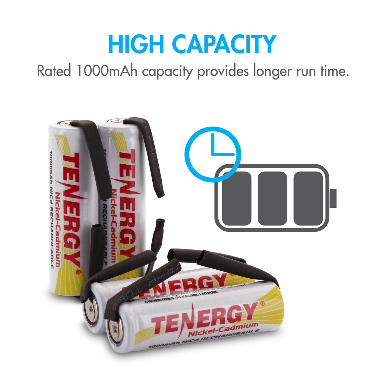 Tenergy NiCd rechargeable batteries with 1000mAh high capacity for extended run time in high-drain electronic devices.