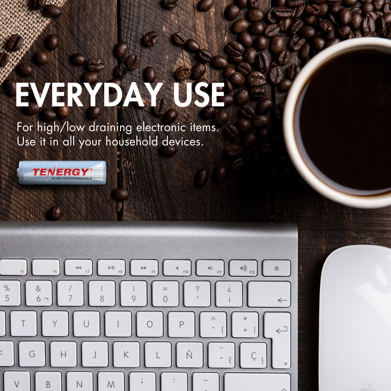 A Tenergy AA battery sits on a wooden desk near a keyboard, representing reliable power for everyday use in computer mice.