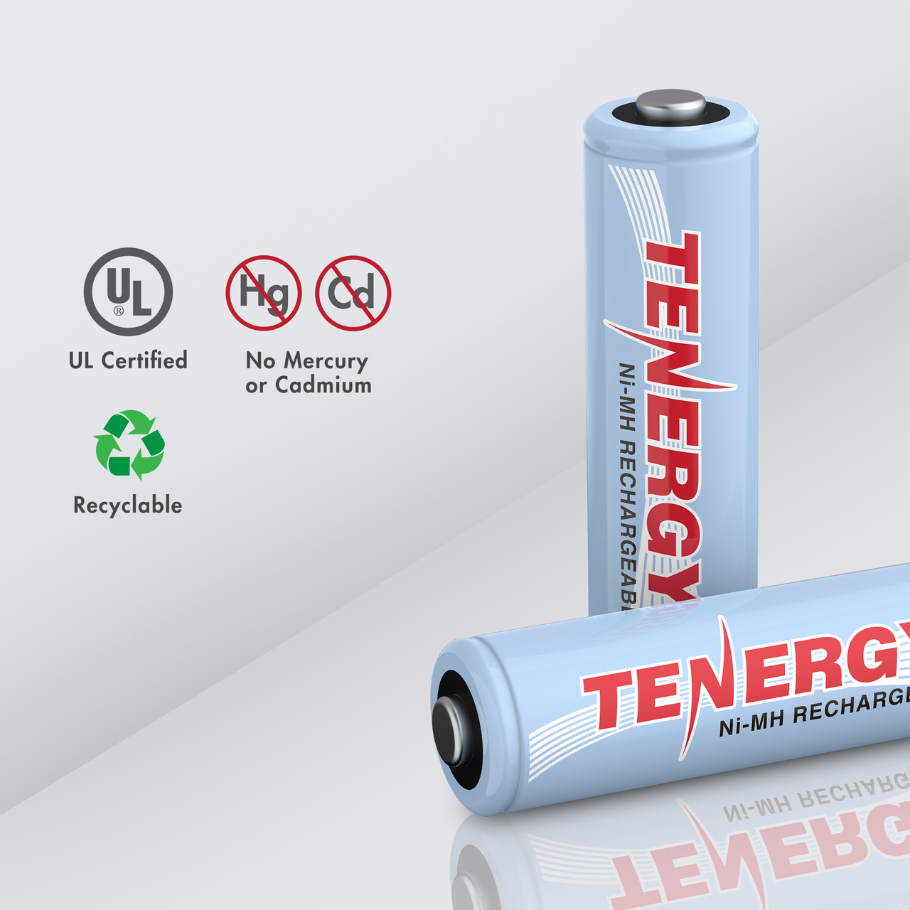 Eco-friendly NiMH rechargeable batteries feature UL certification and contain no mercury or cadmium for sustainable energy.
