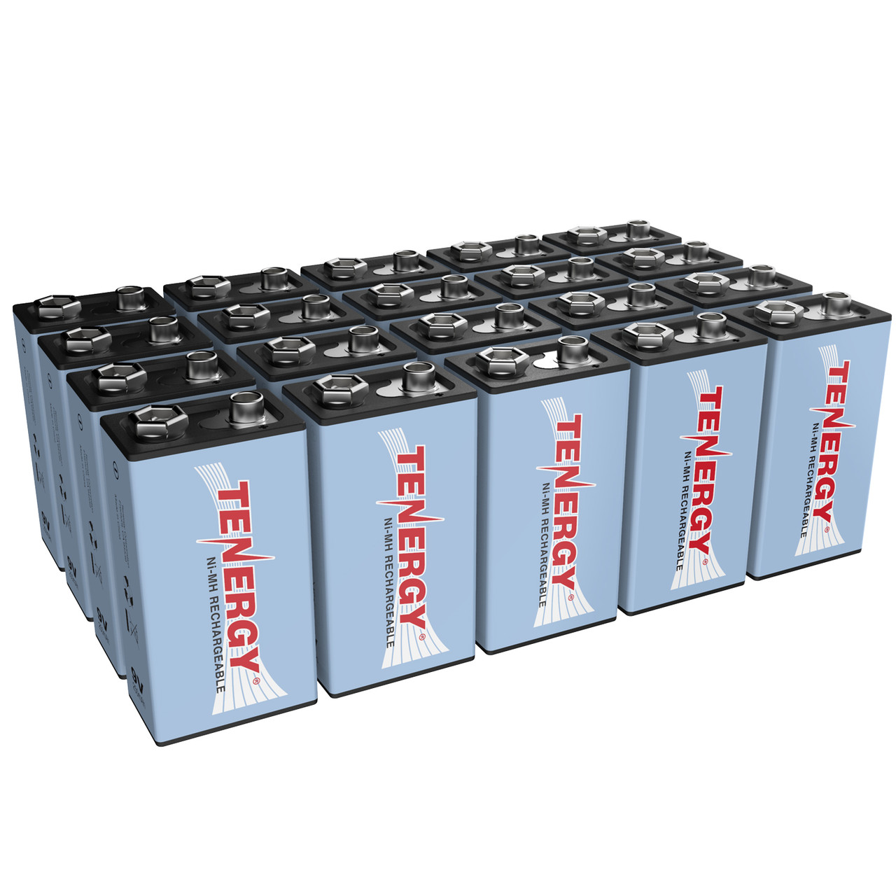 20-Pack Tenergy 9V rechargeable NiMH battery featuring 250mAh capacity for high-drain electronic devices and household hobbyist gear.