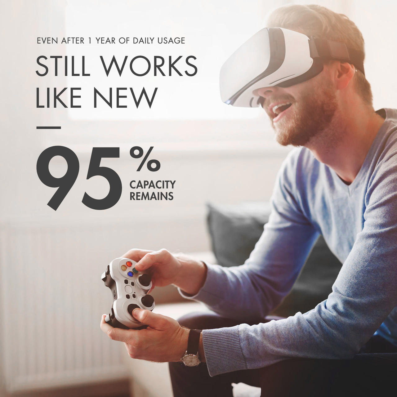 A gamer using a VR headset illustrates how these NiMH batteries maintain 95% capacity for consistent performance in gaming controllers.