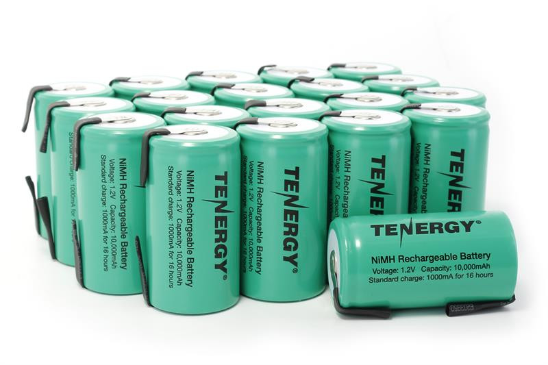 Tenergy 1.2V D cell batteries featuring flat solder tabs for custom battery pack assembly and industrial power applications.