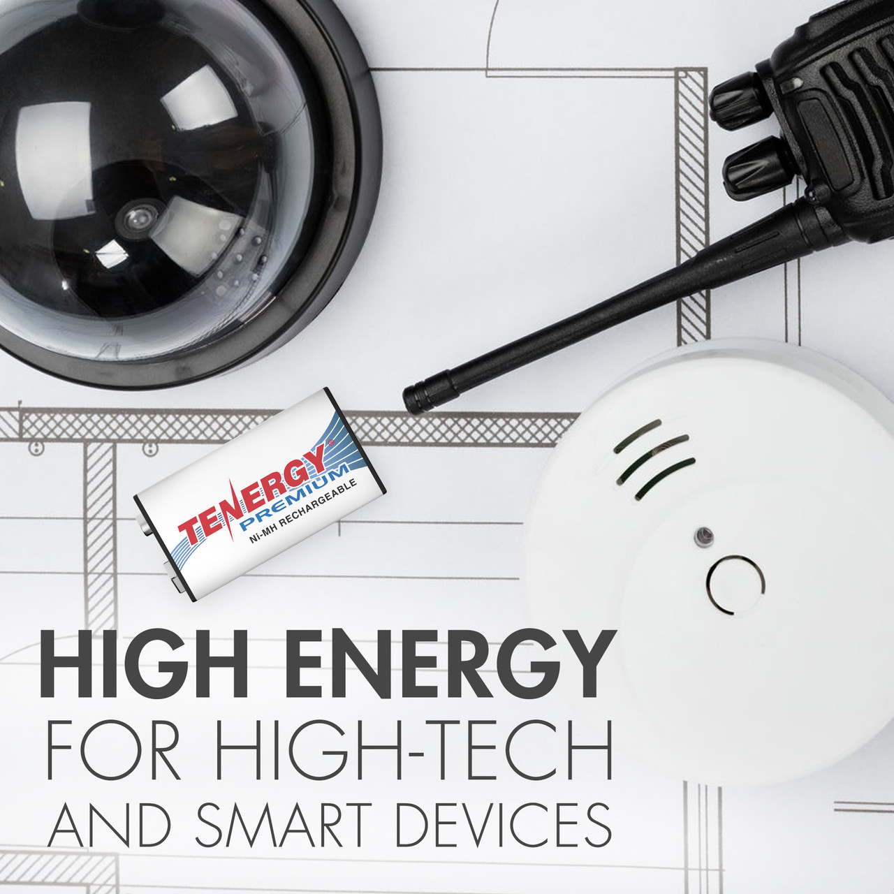 A 9V NiMH battery alongside a smoke detector and walkie-talkie for smart home security and professional equipment.