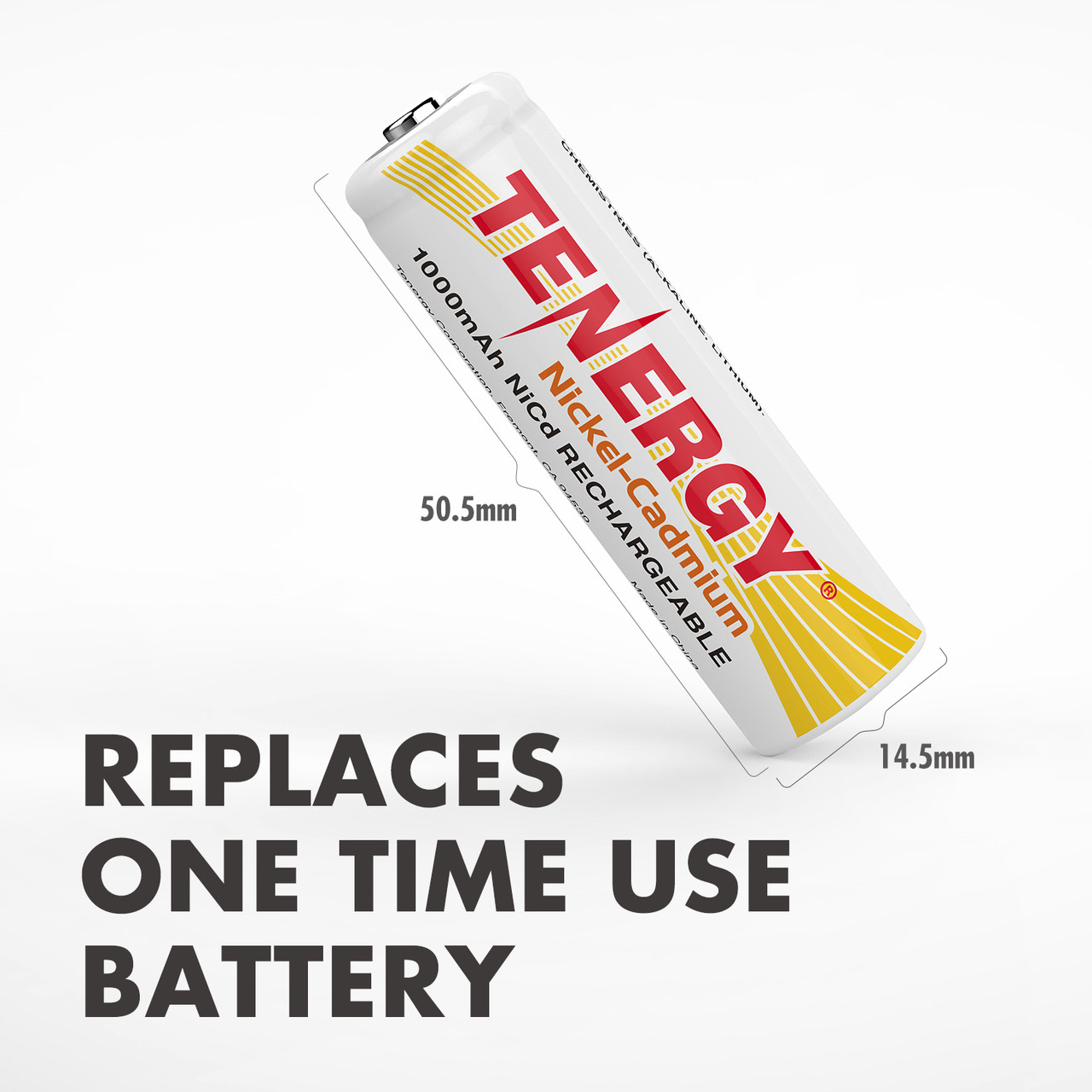 Standard AA sized rechargeable battery measures 50.5mm by 14.5mm to replace one-time use alkaline batteries in various gadgets.