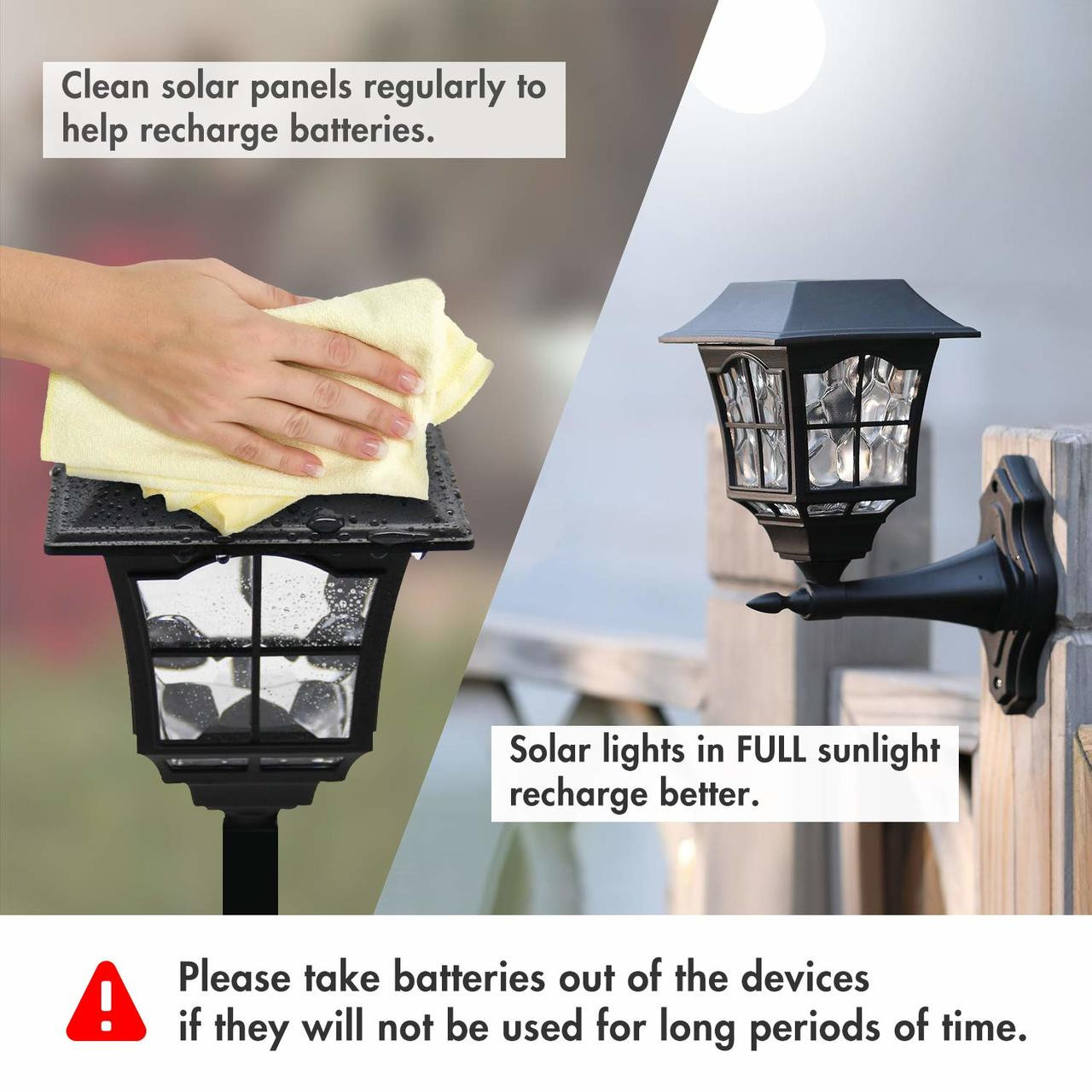 Clean solar panels help recharge batteries more efficiently in garden lights exposed to full sunlight for optimal brightness.