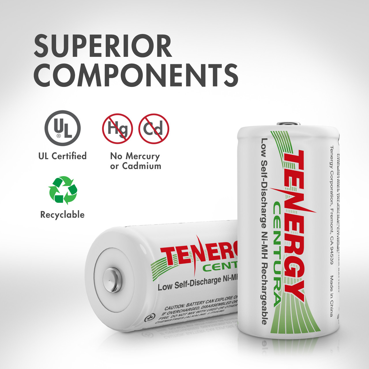 UL certified NiMH rechargeable batteries feature a mercury-free design for environmentally friendly power needs.