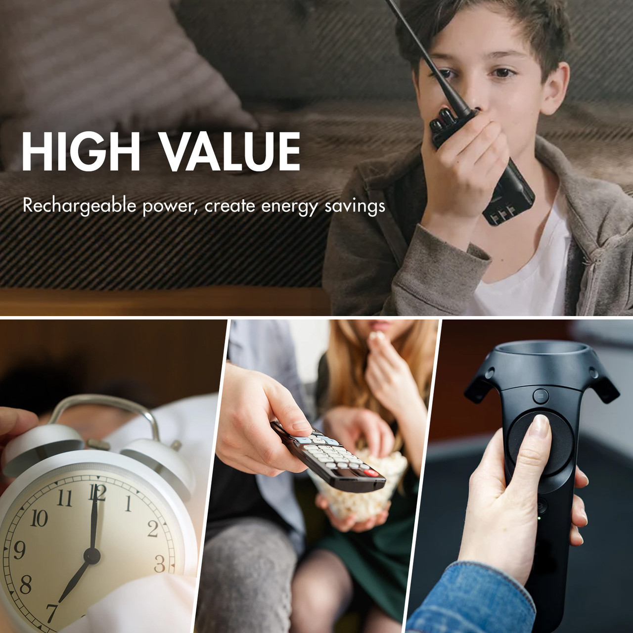 Tenergy rechargeable power creates energy savings for families using walkie talkies, remotes, and controllers.