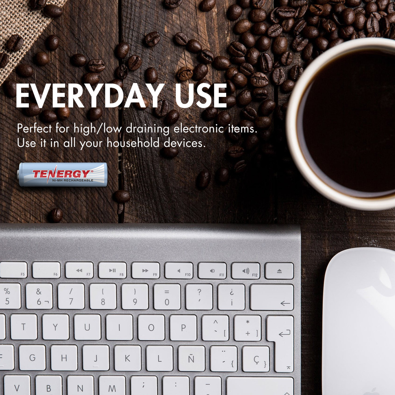 A light blue AA battery rests near a computer keyboard, perfect for high draining electronic items in any home office.