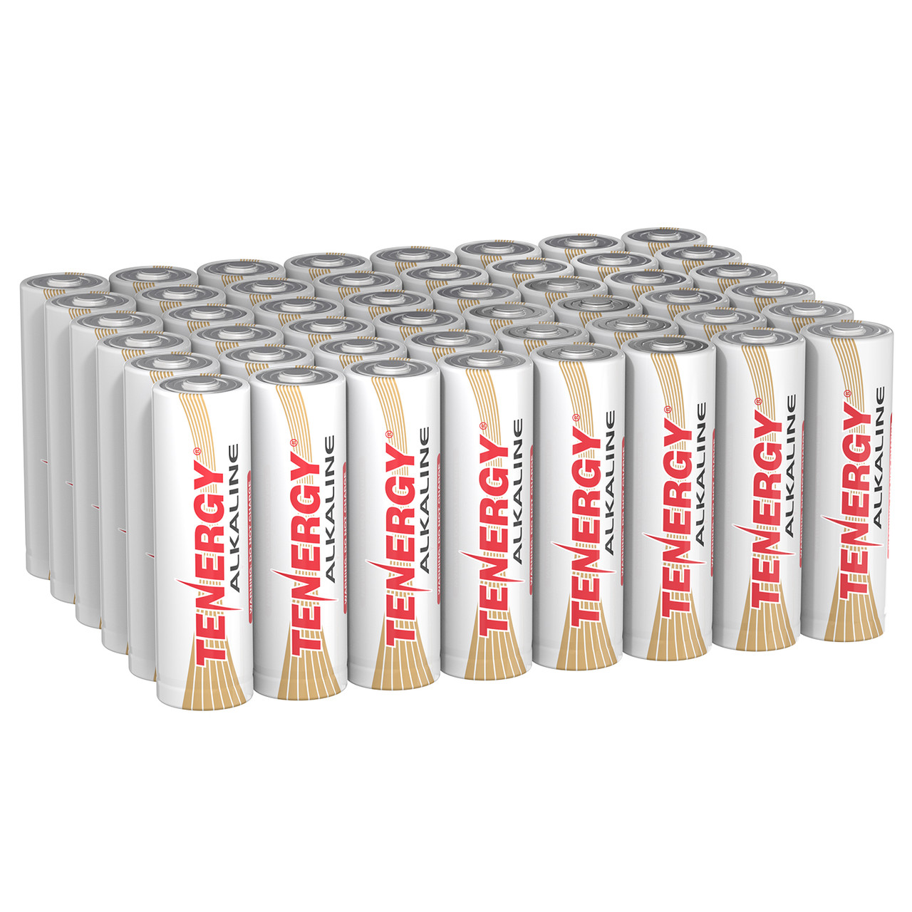 Bulk pack of 48 Tenergy alkaline AA batteries designed for long-lasting power in high-drain household items.