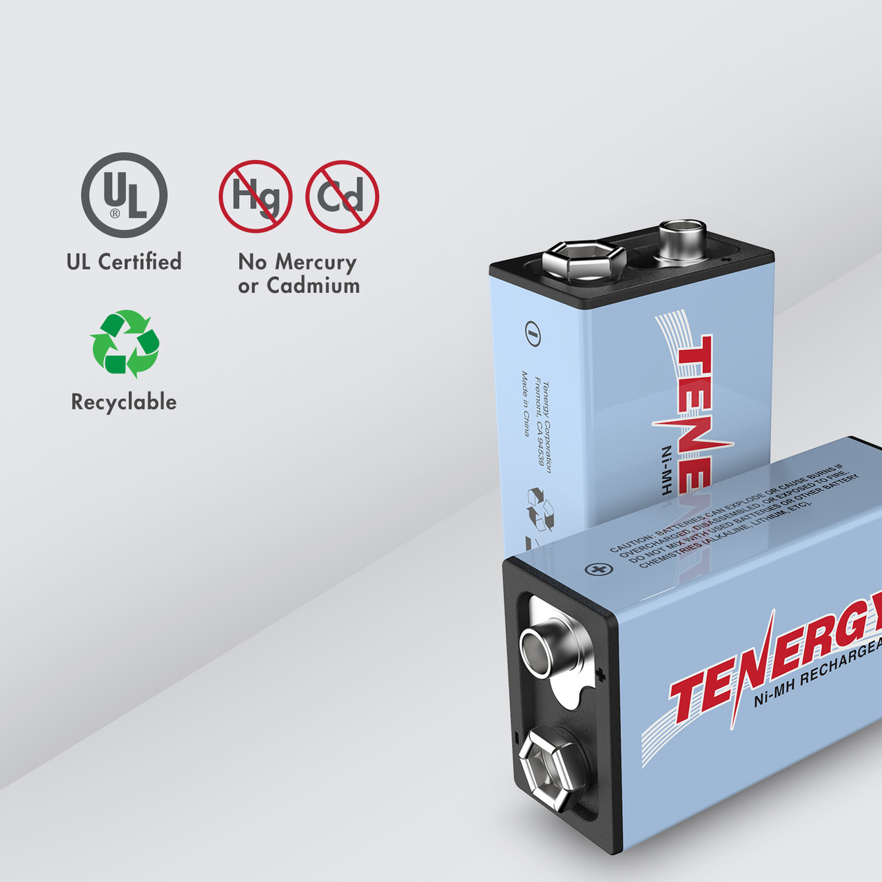 Tenergy 9V batteries highlighting recyclable materials and no toxic metals for environmentally conscious consumer electronics users.
