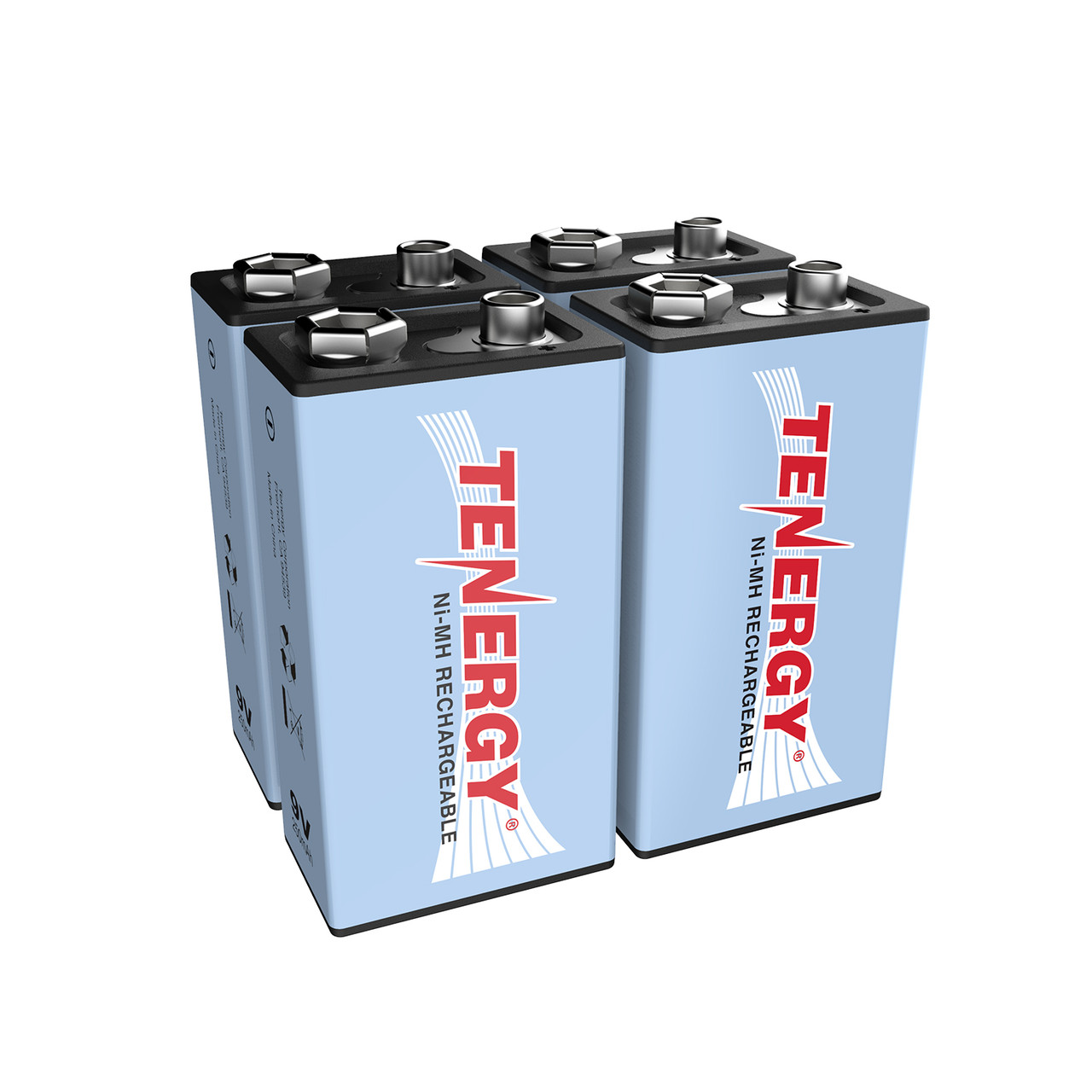4-pack Tenergy 9V rechargeable NiMH battery featuring 250mAh capacity for high-drain electronic devices and household hobbyist gear.