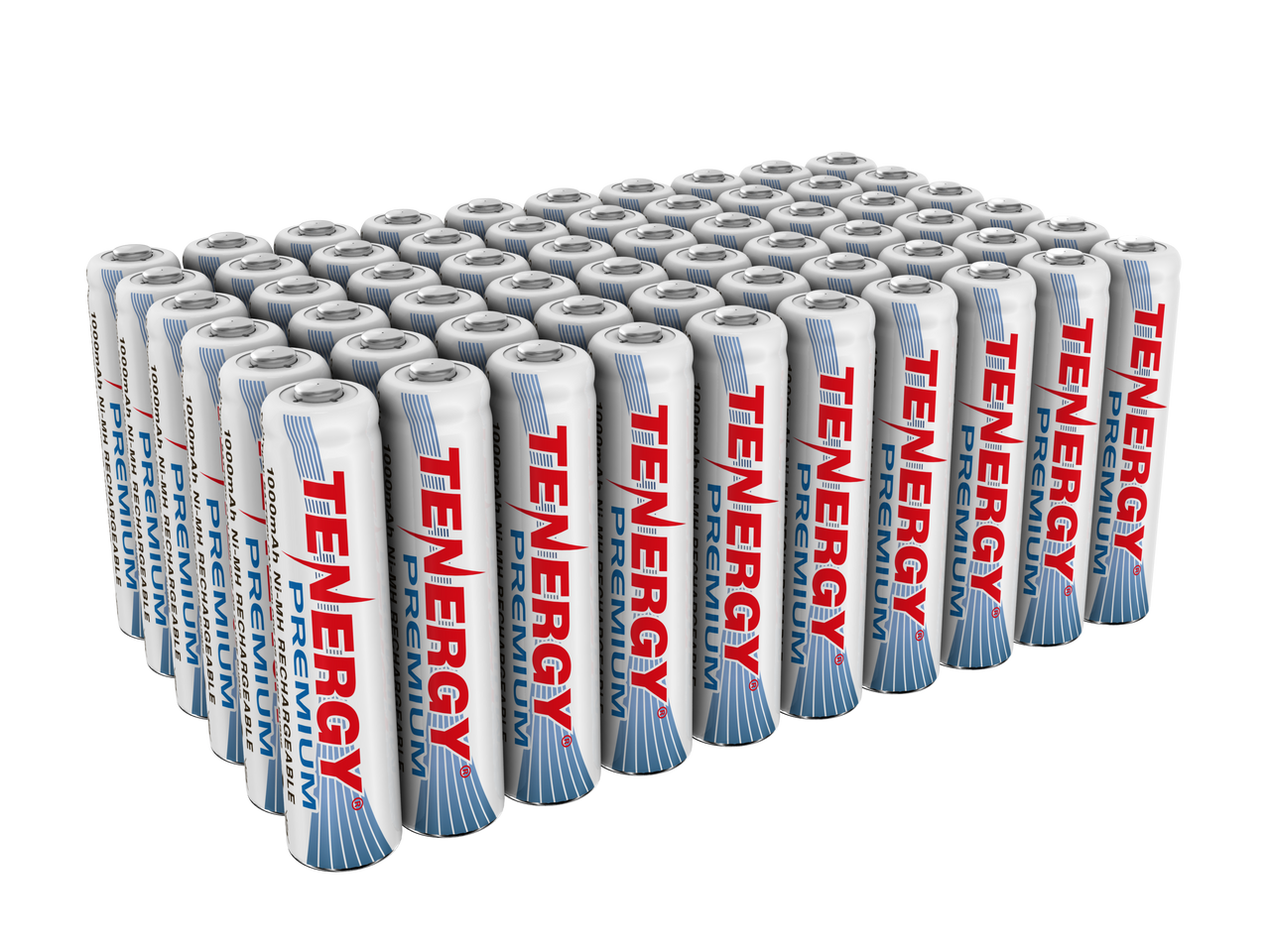 A bulk pack of 60 NiMH rechargeable AAA batteries featuring high capacity for high-drain electronic devices.